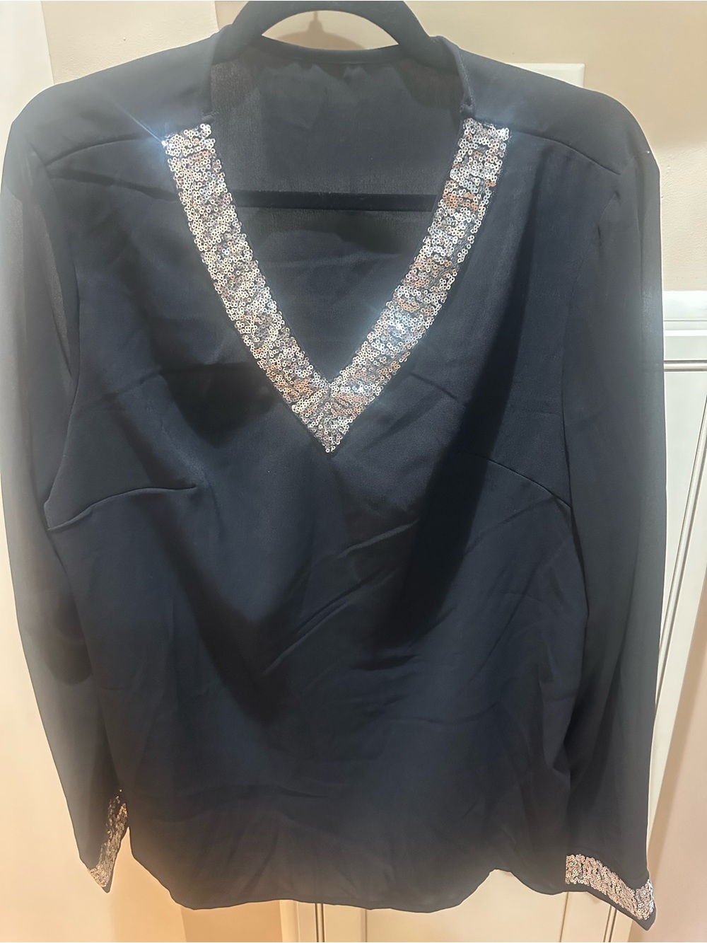 SHEIN Black V-Neck Blouse with Silver Sequin Trim